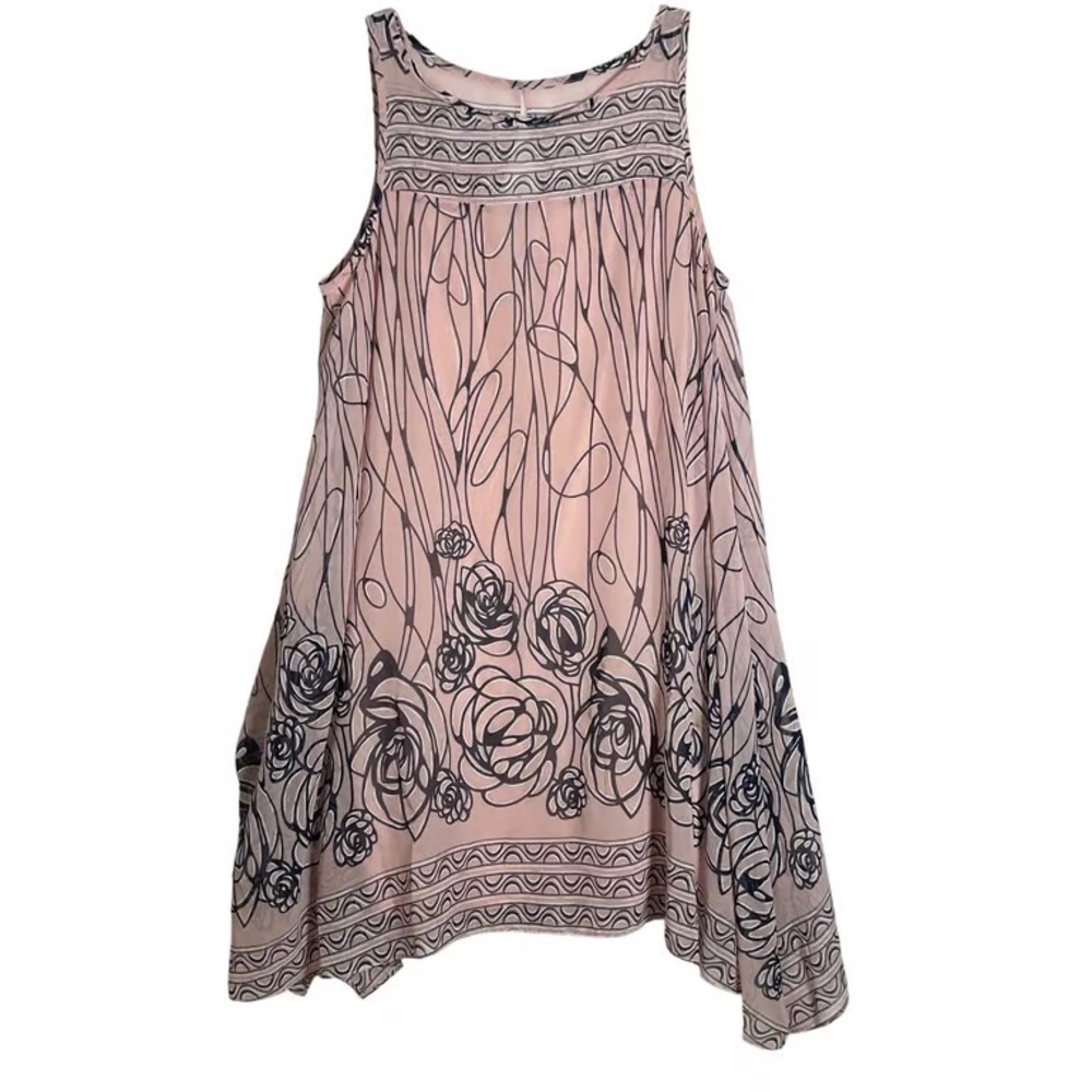 Signature by Robbie Bee Pink Black Floral Chiffon Handkerchief Hem Dress